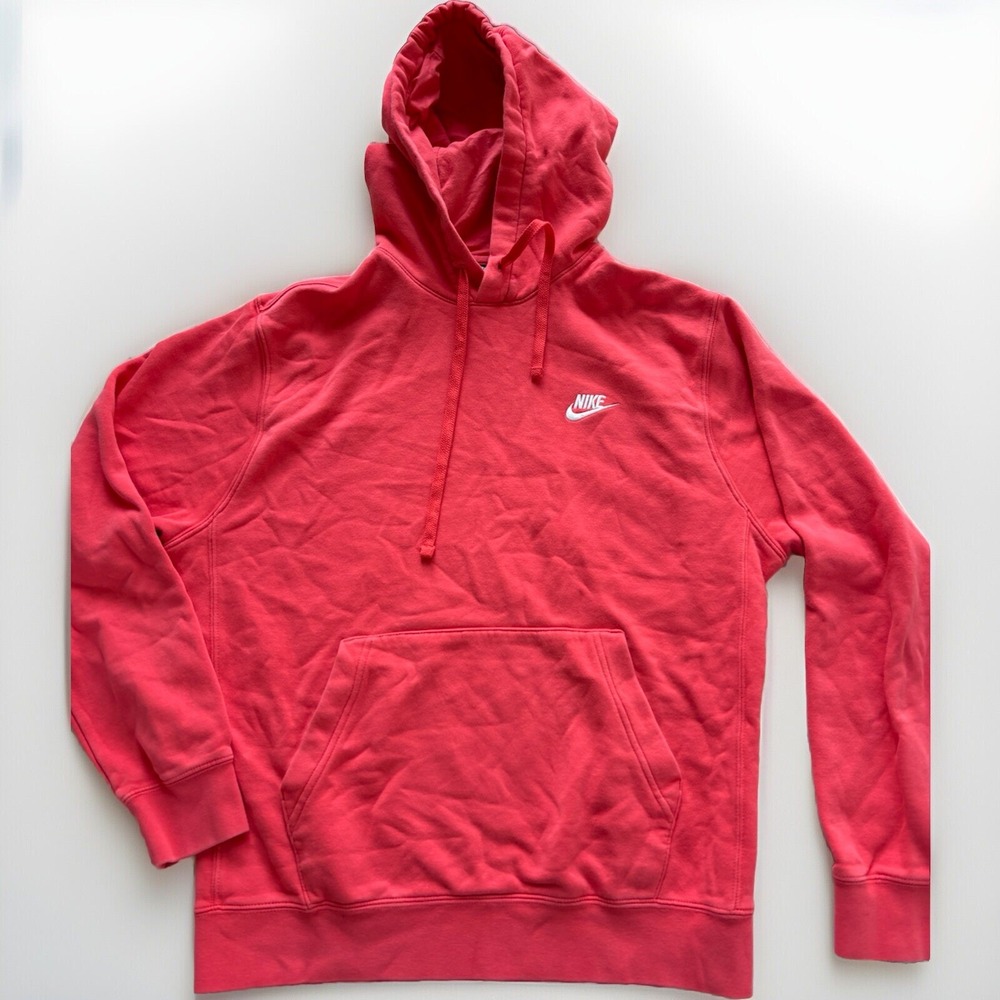Nike Hoodie Mens Medium Red Orange Club Fleece Sweatshirt Swoosh Logo Casual
